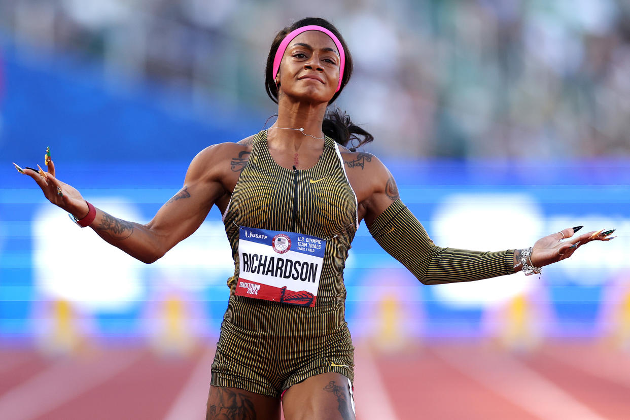 EUGENE, OREGON - JUNE 22: Sha'Carri Richardson reacts after competing in the women's 100-meter semi-final on Day Two of the 2024 U.S. Olympic Team Track & Field Trials at Hayward Field on June 22, 2024 in Eugene, Oregon. (Photo by Patrick Smith/Getty Images)