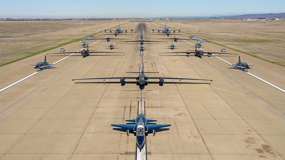 U.S. Air Force U-2 Dragon Ladies and chase cars from the 99th Reconnaissance Squadron, T-38 Talons from the 1st Reconnaissance Squadron, and KC-135R Stratotankers from the 940th Air Refueling Wing conduct an elephant walk on Beale Air Force Base, California, Jan. 4, 2023. The elephant walk showcased a display of joint airpower between the wings hosted at Beale. (U.S. Air Force photo by Senior Airman Juliana Londono)