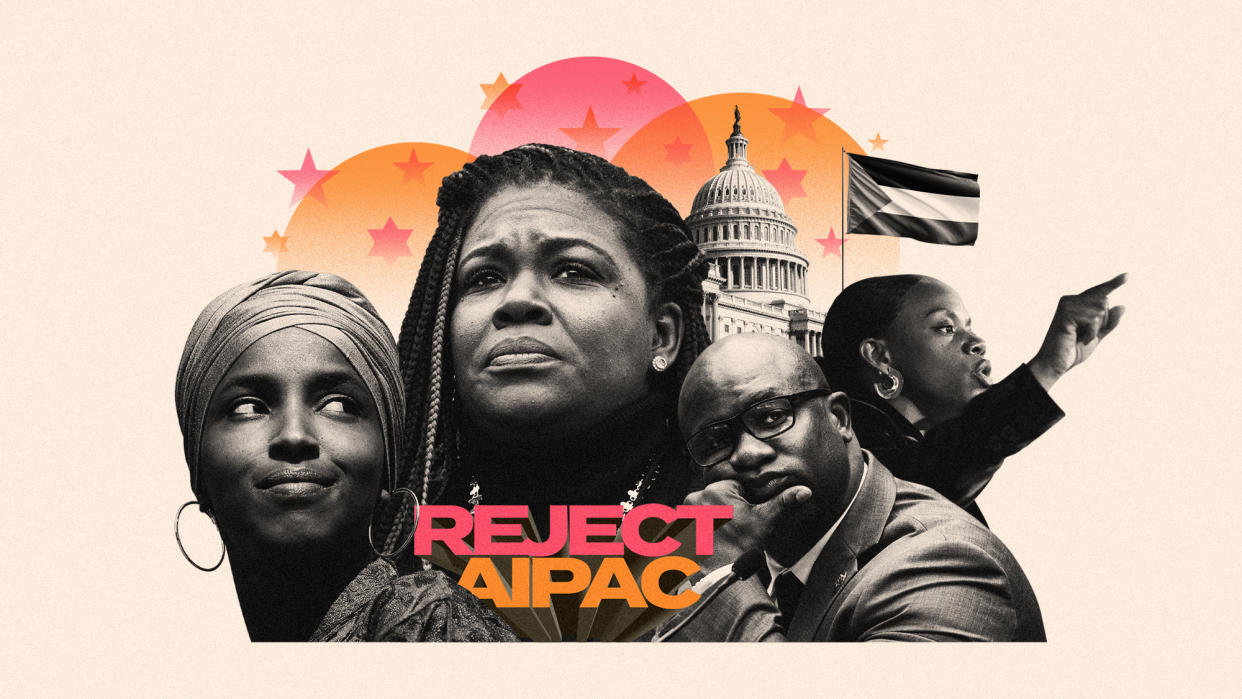  Photo composite of Summer Lee, Jamaal Bowman, Ilhan Omar and Cori Bush alongside the Reject AIPAC logo and a Palestine flag. 