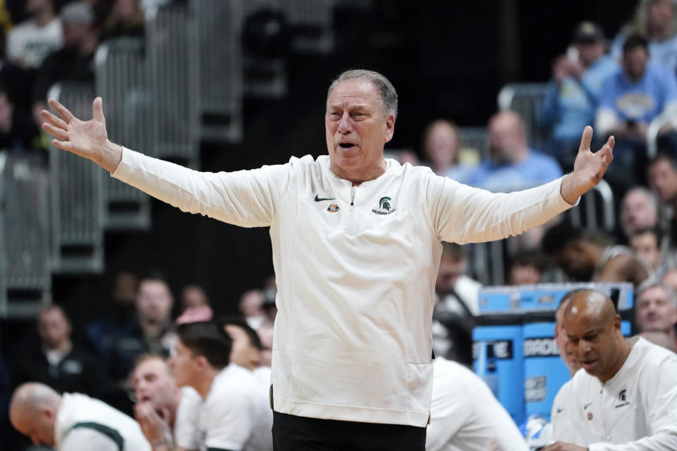 Michigan State head coach Tom Izzo reacts to a call against Marquette in the second half of a second-round men's college basketball game in the NCAA Tournament Sunday, March 19, 2023, in Columbus, Ohio. Michigan State won 69-60. (AP Photo/Paul Sancya)