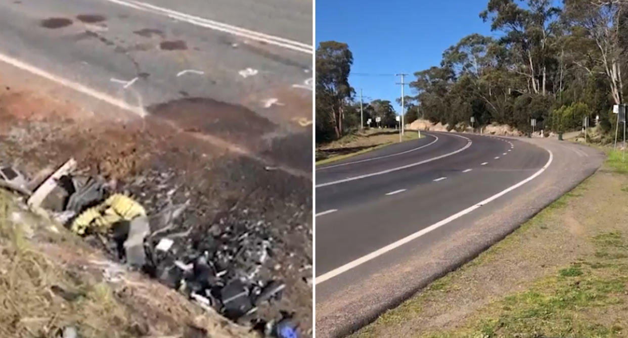 The highway where the crash took place in Tasmania and remnants of the vehicles at the scene.