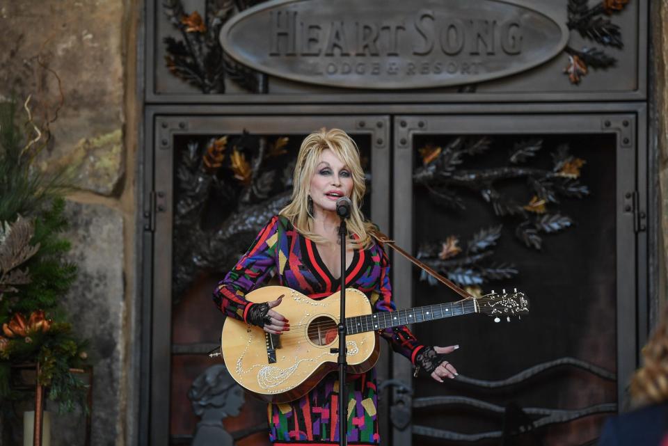 Dolly Parton welcomes guests to the grand opening of Heartsong Lodge & Resort at Dollywood in Pigeon Forge, Friday Nov. 3, 2023.