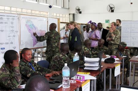 U.S. Ambassador to the United Nations, Samantha Power, (C) visits the Western Area Emergency Response Centre in Freetown, Sierra Leone, October 27, 2014. REUTERS/Michelle Nichols