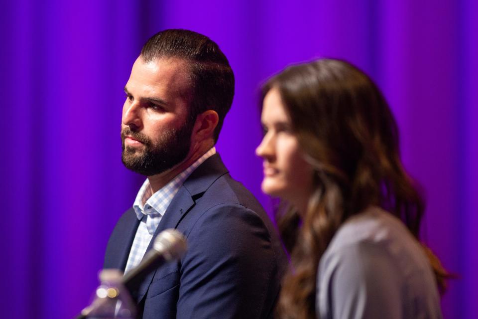 Christian Caban and Hannah Crow participate in a Leon County Commission District 2 candidate forum on Monday, Oct. 10, 2022 in Tallahassee, Fla. 