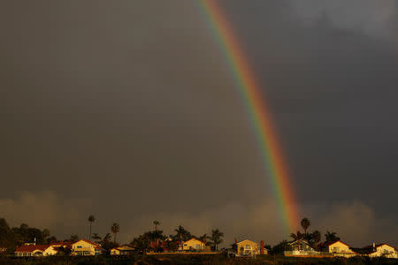 A rainbow appears above homes on a hillside following a rain storm in Encinitas, California, U.S., January 31, 2019. REUTERS/Mike Blake