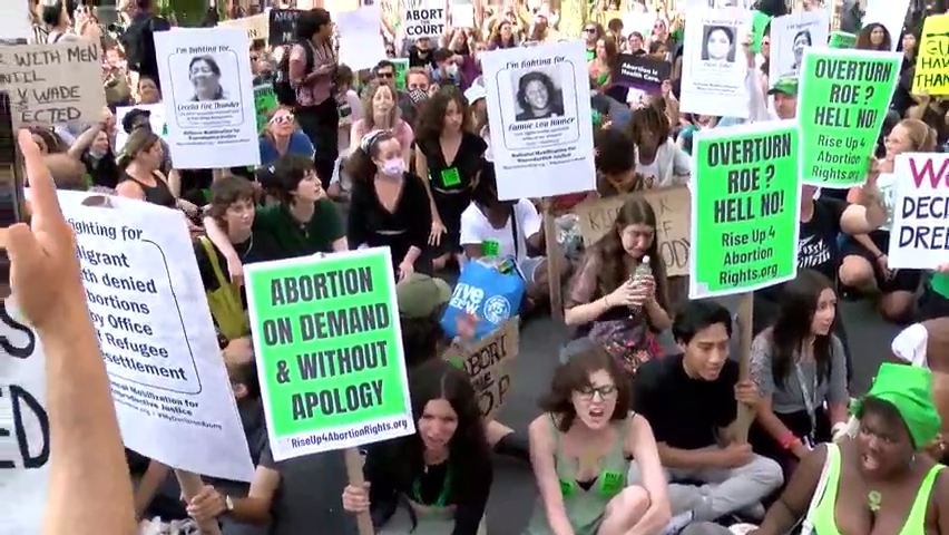 In New York City, protesters react to the Supreme Court ruling released today that overturned Roe v. Wade, erasing reproductive rights for women in place for nearly five decades.
