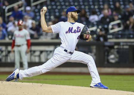 Apr 23, 2019; New York City, NY, USA; New York Mets pitcher Zack Wheeler (45) throws the ball in the first inning against the Philadelphia Phillies at Citi Field. Mandatory Credit: Wendell Cruz-USA TODAY Sports