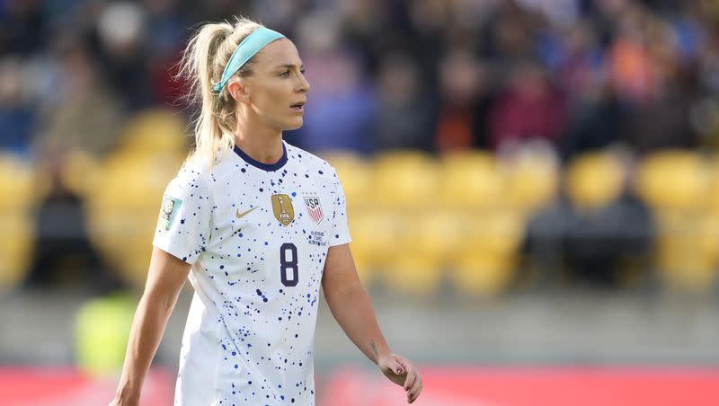 United States’ Julie Ertz stands on the field during the first half of the FIFA Women’s World Cup Group E soccer match between the United States and the Netherlands in Wellington, New Zealand, on July 27, 2023.