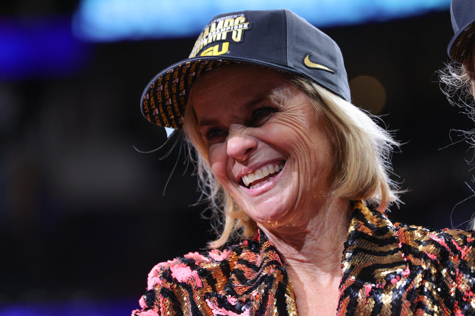 DALLAS, TX - APRIL 02: Head coach Kim Mulkey of the LSU Lady Tigers celebrates after defeating the Iowa Hawkeyes during the 2023 NCAA Women's Basketball Tournament National Championship at American Airlines Center on April 2, 2023 in Dallas, Texas. (Photo by C. Morgan Engel/NCAA Photos via Getty Images)