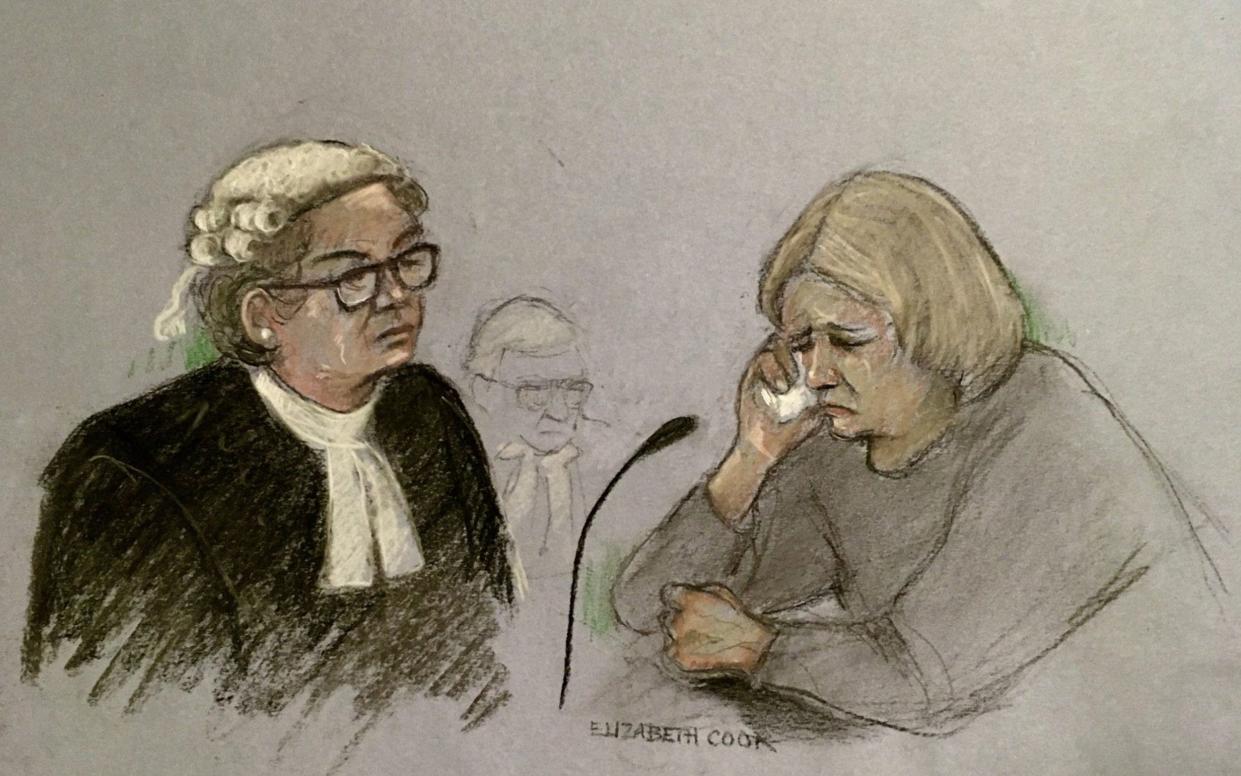 Sketch of Penelope Jackson weeping in the dock at Bristol Crown Court where she admits manslaughter of her husband - Elizabeth Cook /PA