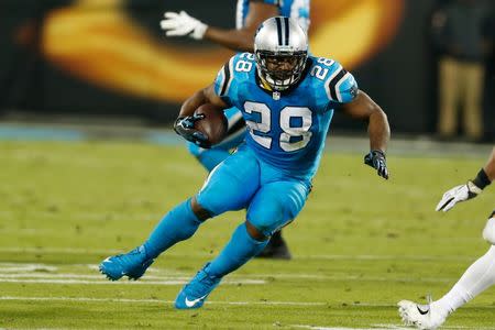 Nov 17, 2016; Charlotte, NC, USA; Carolina Panthers running back Jonathan Stewart (28) runs the ball during the third quarter against the New Orleans Saints at Bank of America Stadium. The Panthers defeated the Saints 23-20. Mandatory Credit: Jeremy Brevard-USA TODAY Sports