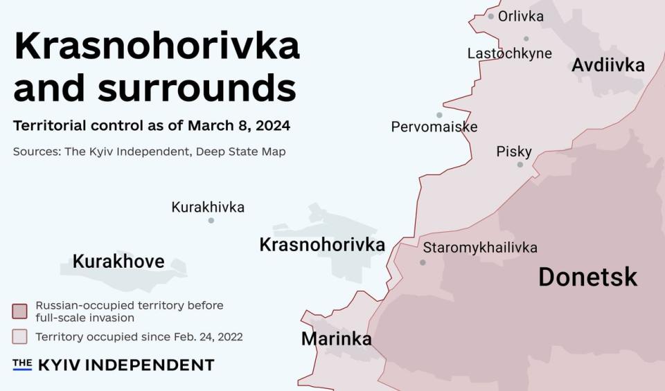 Map of Krasnohorivka and surrounds as of March 8th, 2024. (Lisa Kukharska / The Kyiv Independent)