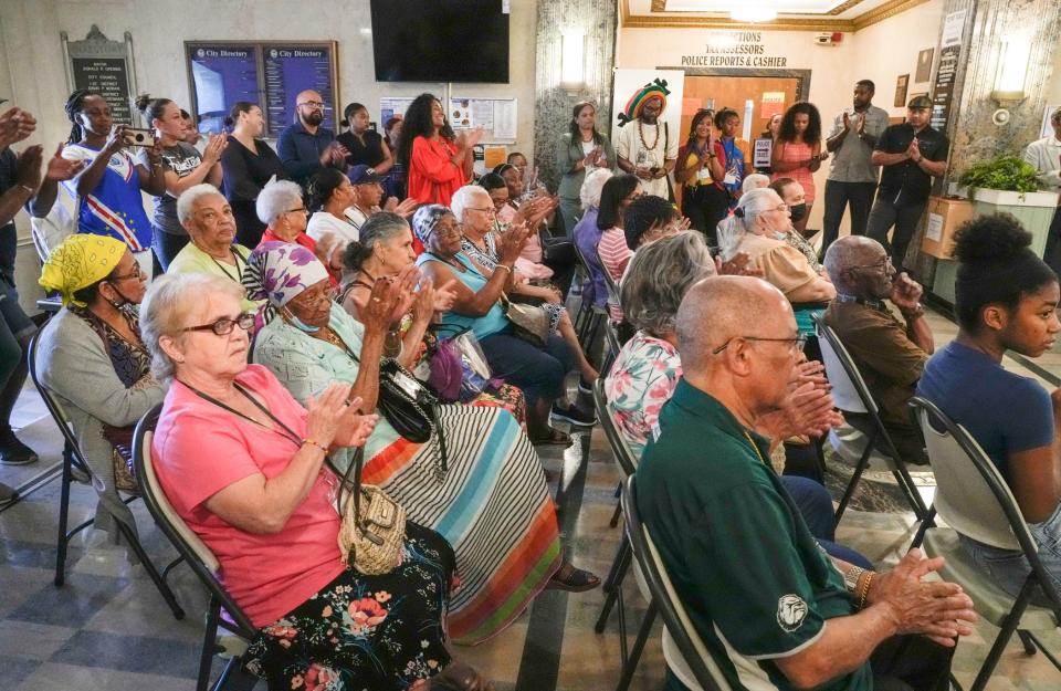 Cape Verdean community at a flag raising ceremony at Pawtucket City Hall to kick off the Cape Verdean celebration weekend.