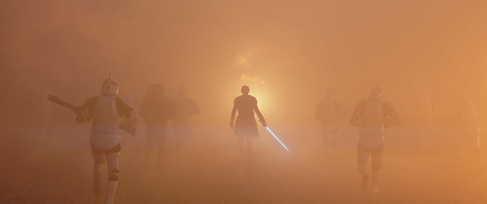 Anakin Skywalker (Hayden Christensen) with clone troopers and Twi'lek freedom fighters in Lucasfilm's STAR WARS: AHSOKA