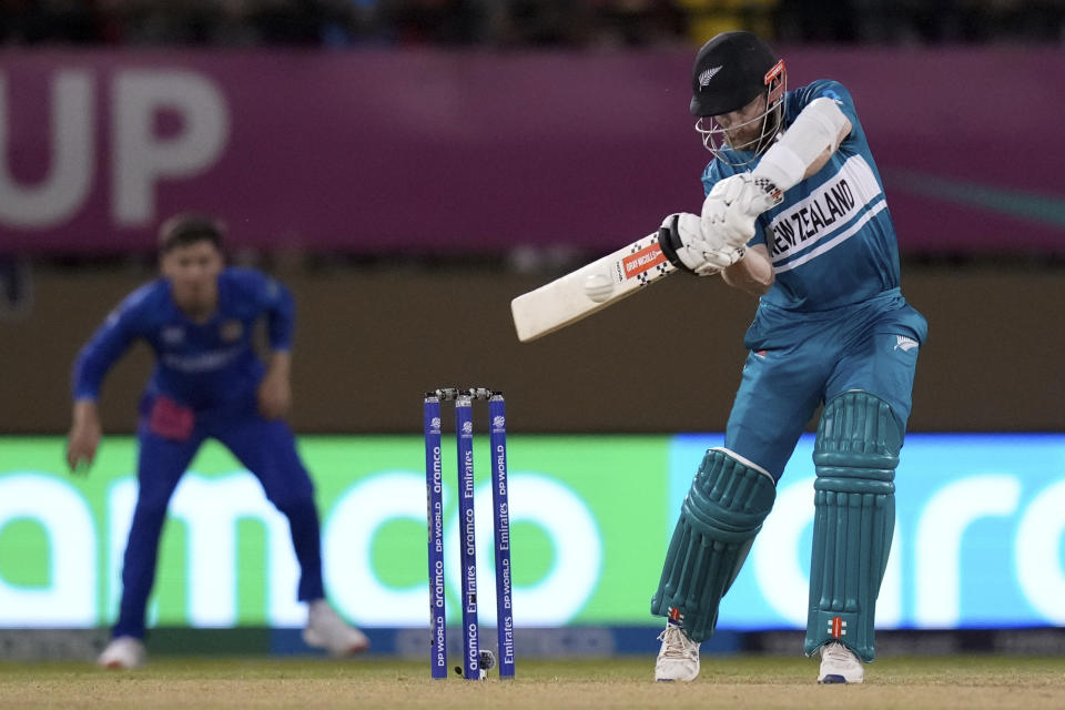 New Zealand's captain Kane Williamson bats against Afghanistan during an ICC Men's T20 World Cup cricket match at Guyana National Stadium in Providence, Guyana, Friday, June 7, 2024. (AP Photo/Ramon Espinosa)