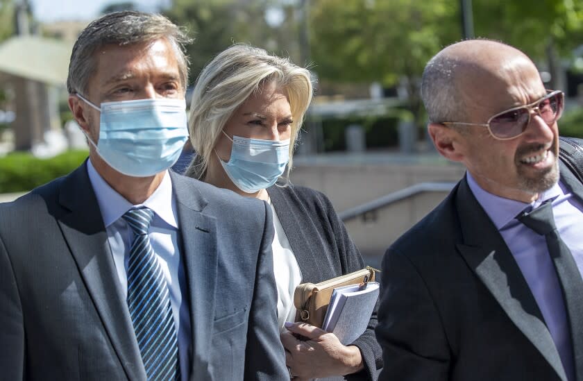 VAN NUYS, CA-APRIL 25, 2022: Rebecca Grossman, co-founder of the Grossman Burn Foundation, arrives at Van Nuys Courthouse for her preliminary hearing. Grossman is charged with murder and other counts stemming from a crash in Westlake Village that left two young brothers dead. (Mel Melcon / Los Angeles Times)