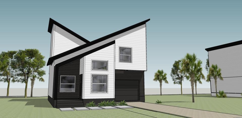 This artistic rendering shows the modern-style home being built by Elon Wright construction at 720 W. 14th St. in Lakeland. The two-story residence features a distinctive butterfly style roof.