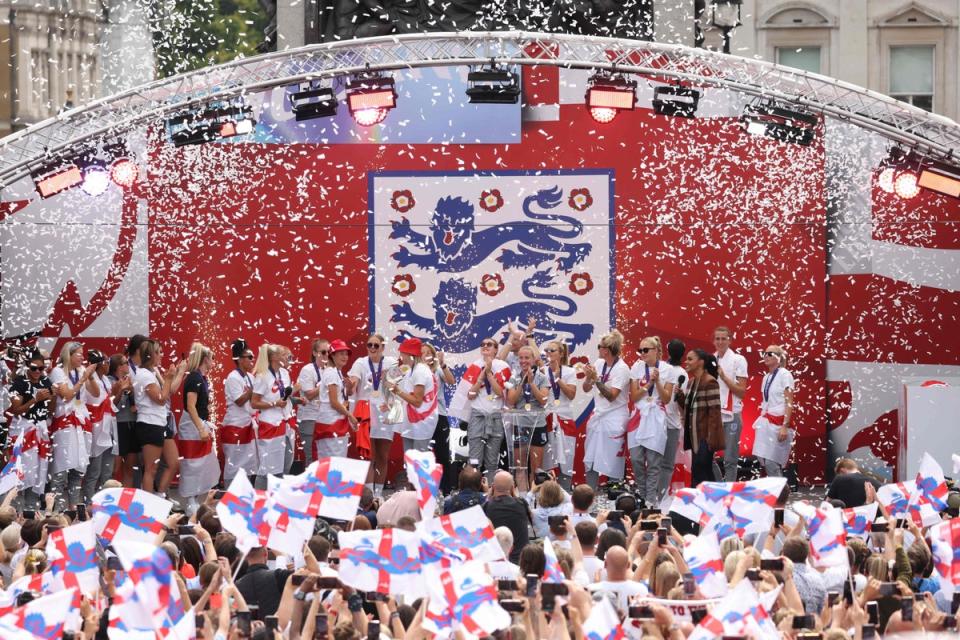 1 August 2022: England's players celebrate during a victory party in Trafalgar Square in central London (AFP/Getty)