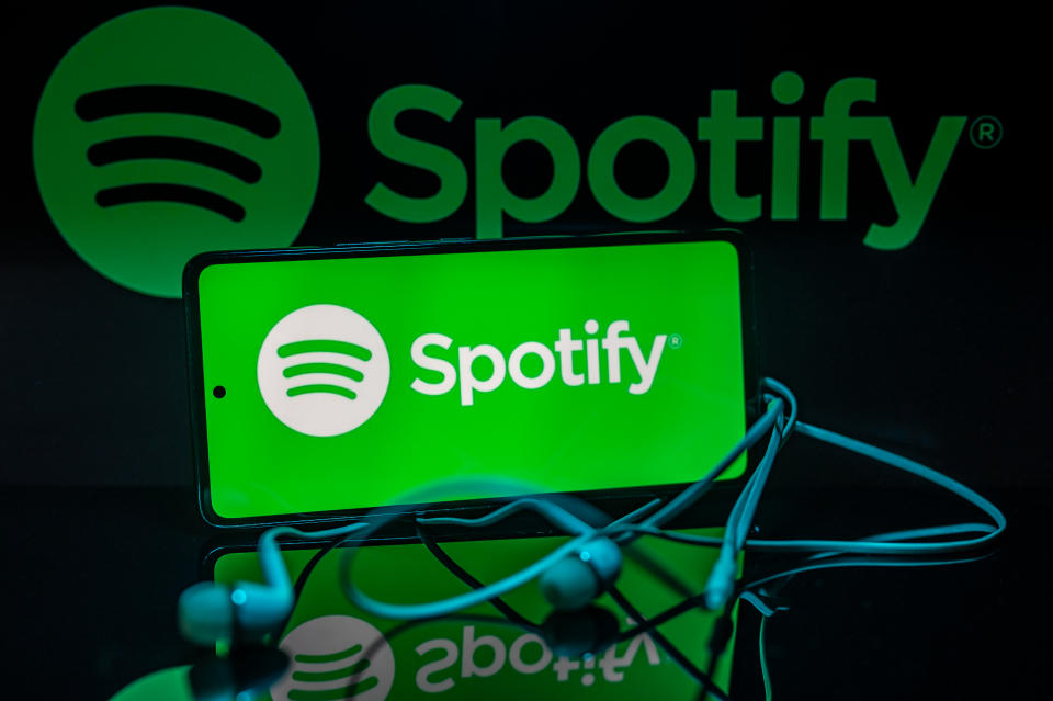 Spotify logo displayed on a smart phone with Spotify seen on screen, in this photo illustration, on 15 August 2023 Brussels, Belgium. (Photo Illustration by Jonathan Raa/NurPhoto via Getty Images)