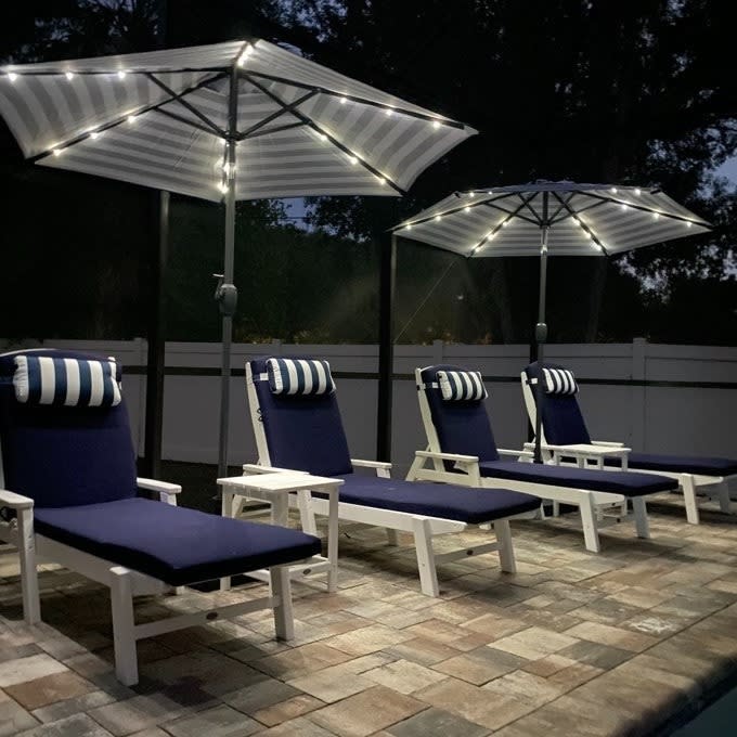 Patio with four lounge chairs and two lit umbrellas at dusk, suitable for outdoor relaxation and shopping inspiration