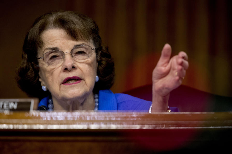 FILE - In this June 9, 2020, file photo ranking member Sen. Dianne Feinstein, D-Calif., speaks during a Senate Judiciary Committee hearing on Capitol Hill in Washington. Democrats are treading carefully on religious faith as they prepare to question President Donald Trump's Supreme Court nominee. (AP Photo/Andrew Harnik, Pool, File)