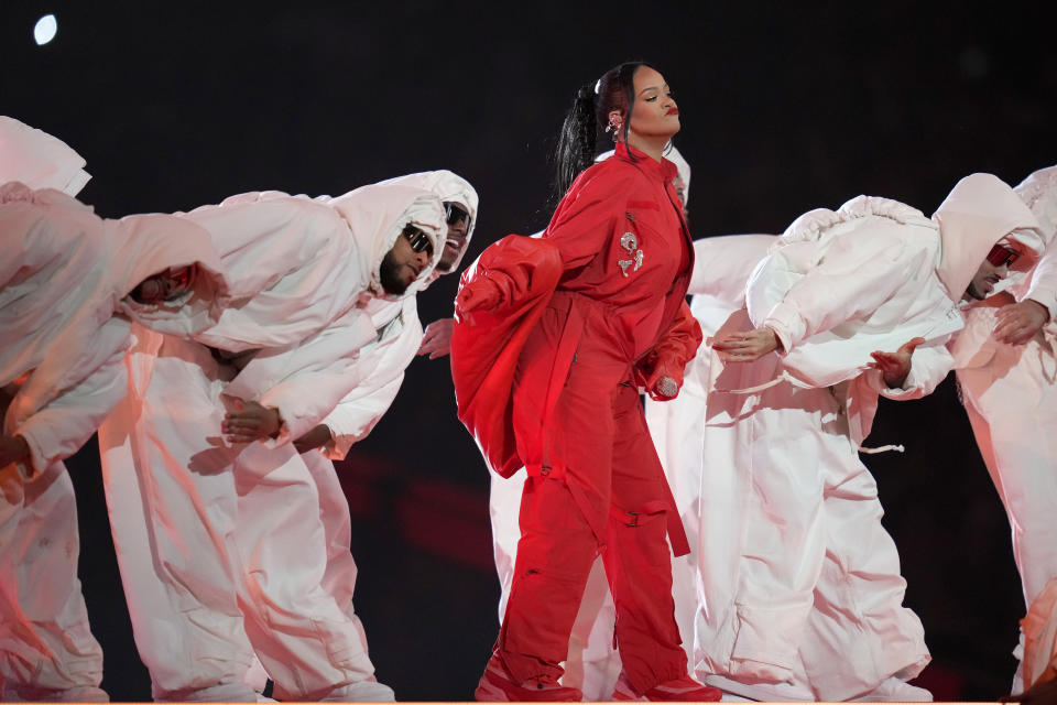 Rihanna performs during the halftime show at the NFL Super Bowl 57 football game between the Kansas City Chiefs and the Philadelphia Eagles, Sunday, Feb. 12, 2023, in Glendale, Ariz. (AP Photo/Ashley Landis)