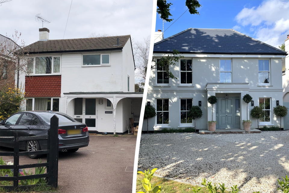 Claire Totmanâ€™s Surrey home during stages of the renovation. A designer transformed a 1970s house into a mini 'stately home' - and added Â£1.7m to its value. Claire Totman, 38, bought the three bedroom property off market with her mum, Liz, 71, for Â£875k. The designer had a vision to recreate the outdated property into a 