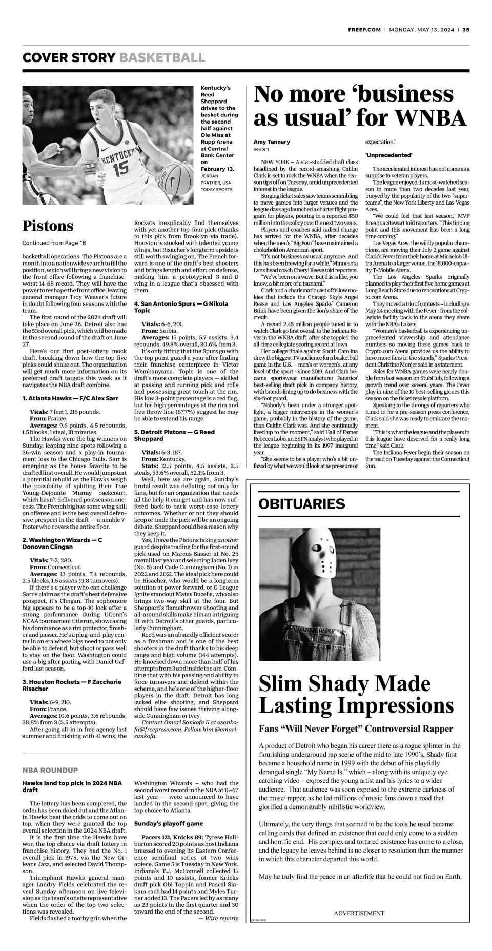 The Monday print edition of the Detroit Free Press includes an ad in the form of an obituary for Eminem's Slim Shady character