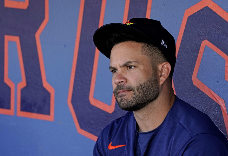 Mar 1, 2020; West Palm Beach, Florida, USA; Houston Astros second baseman Jose Altuve (27) sits in the dugout before a game against the St. Louis Cardinals at FITTEAM Ballpark of the Palm Beaches. Mandatory Credit: Steve Mitchell-USA TODAY Sports