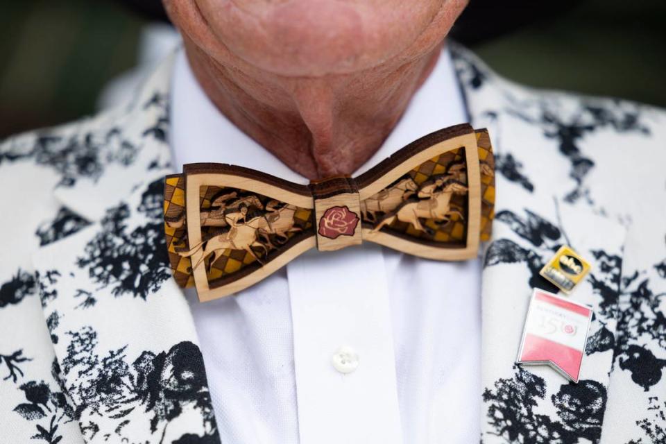 A bow tie made of wood was hard to miss on Kentucky Derby Day at Churchill Downs.