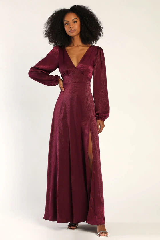 Perfectly Gorgeous Plum Purple Satin Long Sleeve Maxi Dress. Image via Lulus.