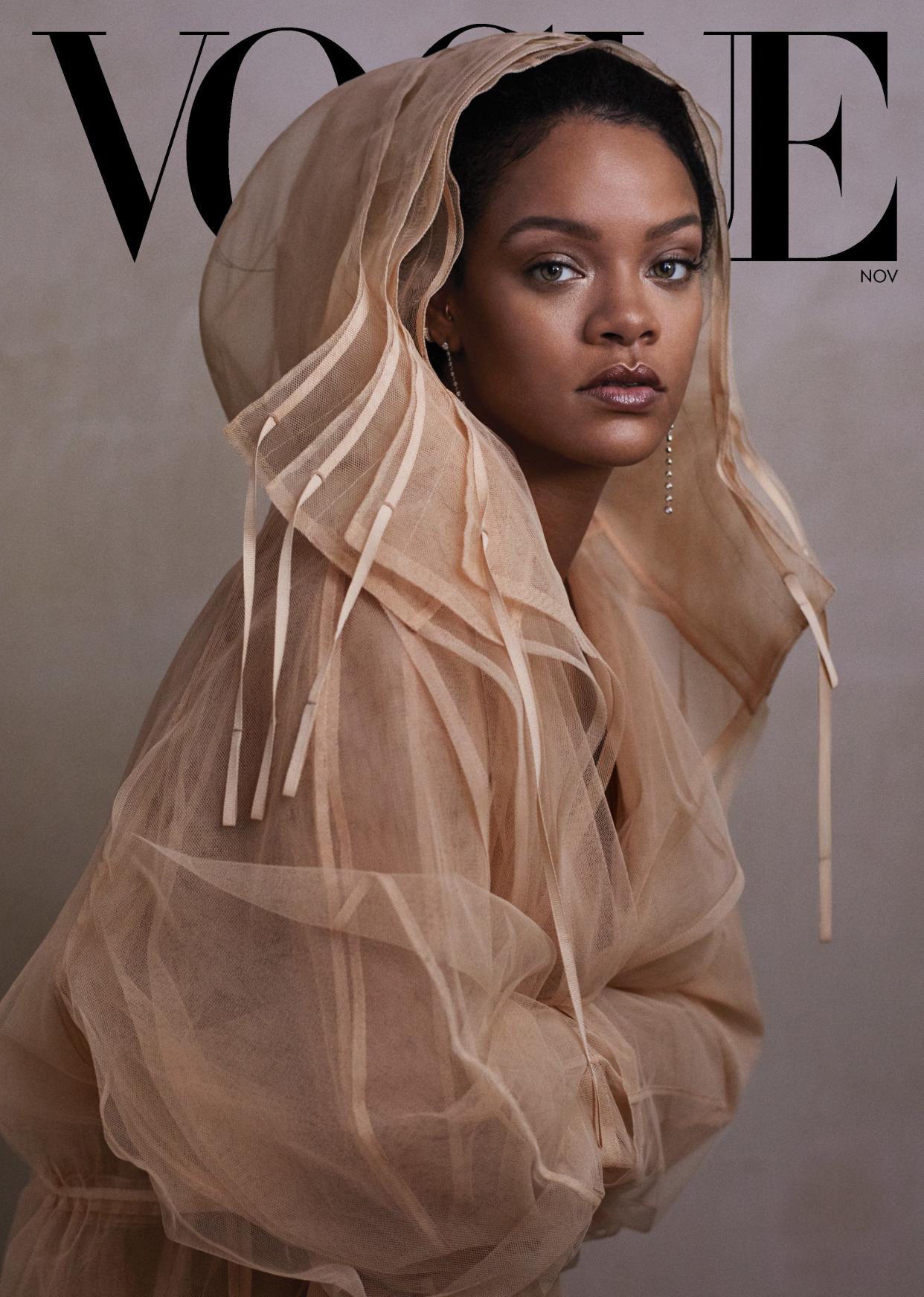 Cover Look
Rihanna wears a Fenty tulle coat. Forevermark x Jade Trau earrings. Hair, Yusef Williams; makeup, Kanako Takase. Fashion Editor: Tonne Goodman.