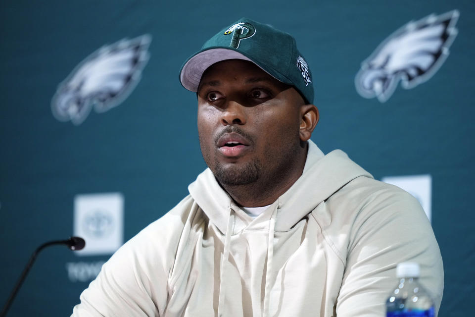 FILE - Philadelphia Eagles offensive coordinator Brian Johnson speaks with members of the media at the NFL football team's training facility in Philadelphia, Wednesday, Sept. 20, 2023. The Eagles have fired offensive coordinator Brian Johnson, a person familiar with the decision told The Associated Press on Tuesday, Jan. 23, 2024.(AP Photo/Matt Rourke, File)