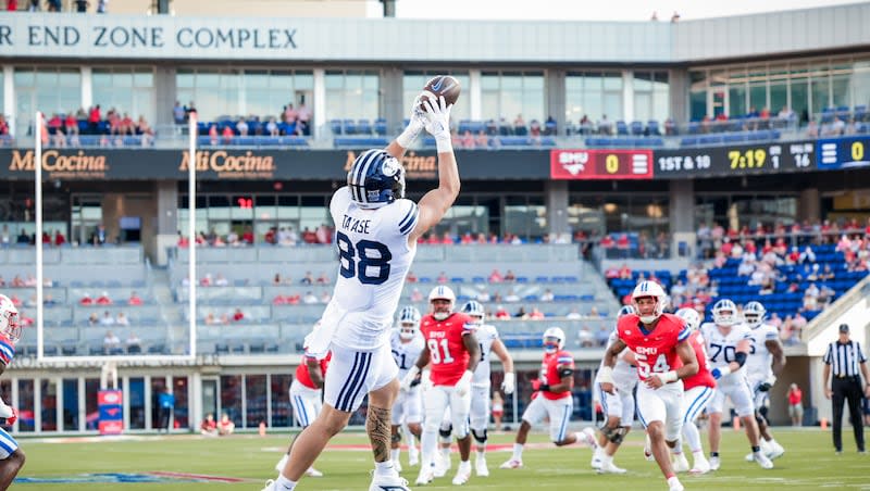 BYU tight end Mata'ava Ta'ase catches a touchdown against SMU on Sept. 6, 2024 in Dallas.