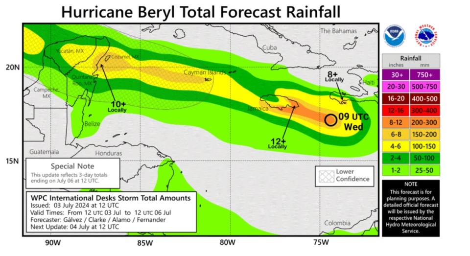 Map shows rainfall forecast from Hurricane Beryl from July 4-7 (NHC)