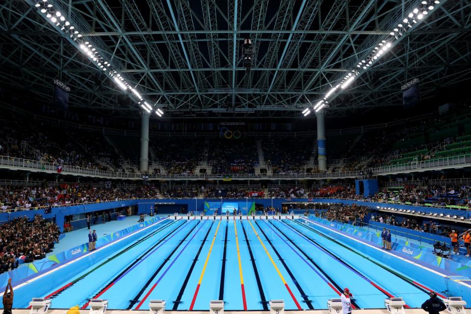 <p>The Olympic Aquatics Stadium before…(Tom Pennington/Getty Images) </p>