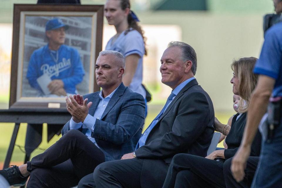 Former Kansas City Royals manager Ned Yost smiles during his induction ceremony into the Kansas City Royals Hall of Fame at Kauffman Stadium on Saturday, Sept. 2, 2023, in Kansas City.