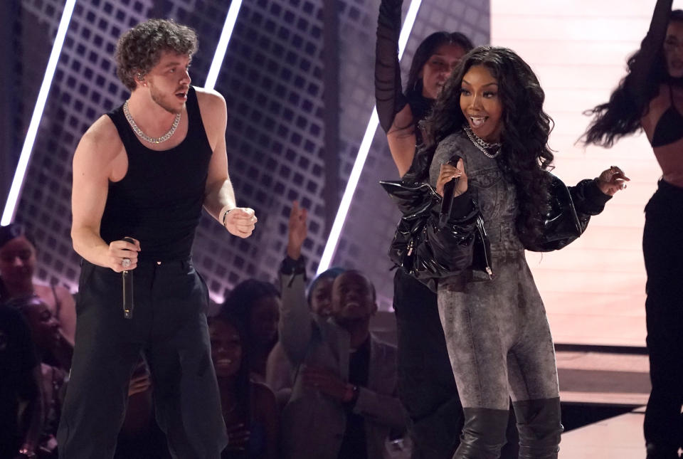 Jack Harlow, left, and Brandy, also known as Bran'Nu, perform at the BET Awards on Sunday, June 26, 2022, at the Microsoft Theater in Los Angeles. (AP Photo/Chris Pizzello)