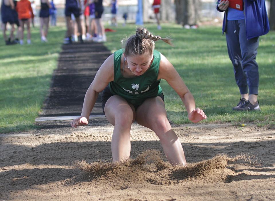 Alicyn Arevalo of Mendon finished second overall in the long jump event at Centreville on Saturday.