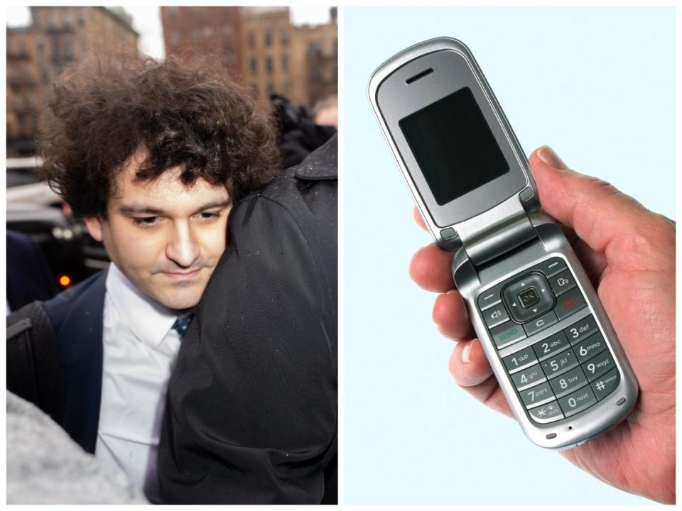 Collage of FTX founder Sam Bankman-Fried arriving at Manhattan federal court on January 3, 2023 and a flip phone.