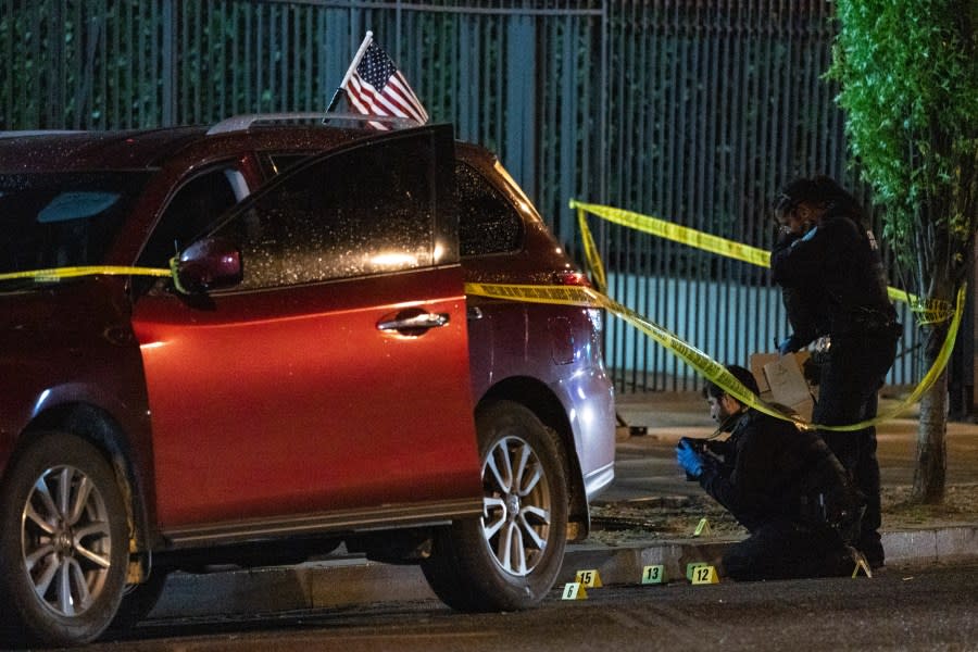 WASHINGTON, DC – APRIL 30: Police investigate the car of a shooter that opened fire on the Cuban Embassy on April 30, 2020 in Washington, DC. According to authorities, no injuries have been reported after a gunman used an assault rifle to open fire on the embassy early on Thursday morning. (Photo by Sarah Silbiger/Getty Images)