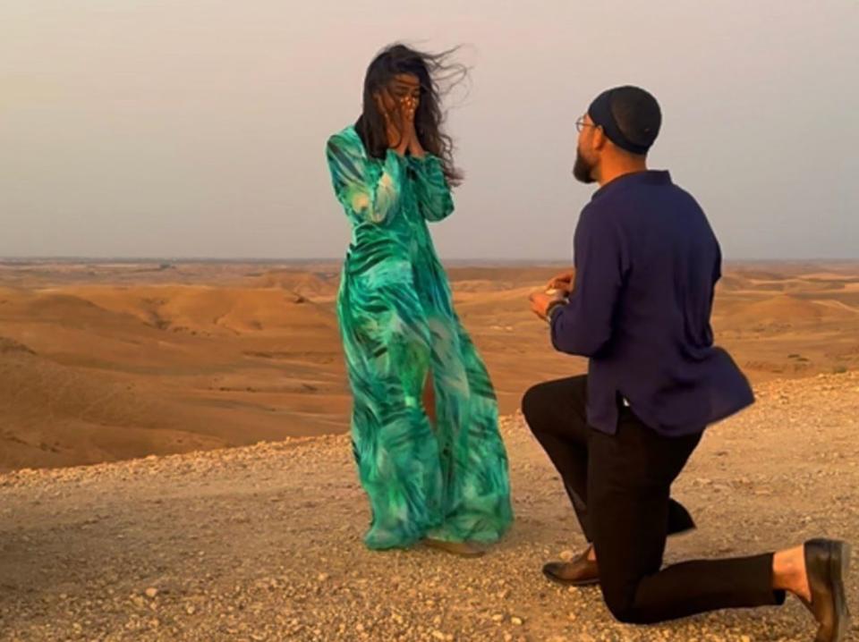 <p>Zeeko Zaki Instagram</p> Zeeko Zaki proposed to girlfriend Renee Monaco in the Moroccan desert