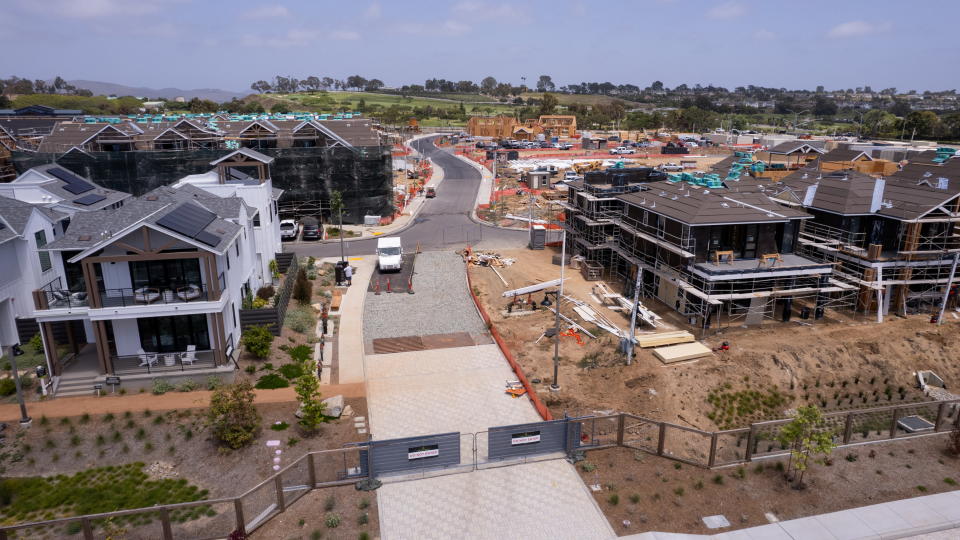 A drone view of new residential home construction at Fox Point Farms, a development by Shea Homes, is shown in Encinitas, California, U.S., June 18, 2024.   REUTERS/Mike Blake