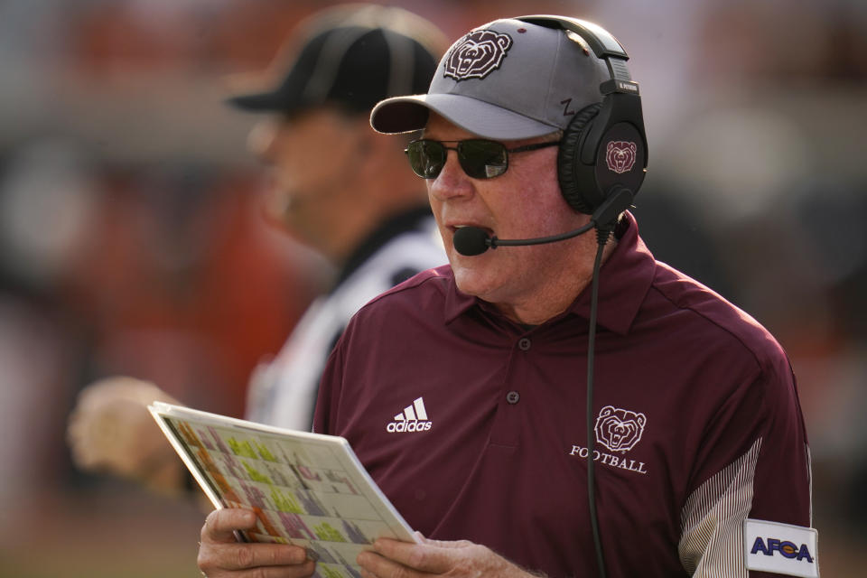 FILE - Missouri State head coach Bobby Petrino is shown in the first half of an NCAA college football game against Oklahoma State on Sept. 4, 2021, in Stillwater, Okla. Petrino will return to Fayetteville on Saturday, Sept. 17, 2022, when he will lead Missouri State against his former program in a much-anticipated game for an FCS program that he's quickly turned into a juggernaut. (AP Photo/Sue Ogrocki, File)