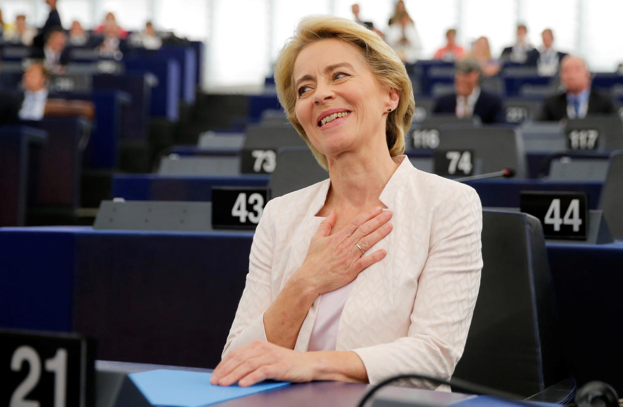 Elected European Commission President Ursula von der Leyen reacts after a vote on her election at the European Parliament in Strasbourg, France, July 16, 2019. REUTERS/Vincent Kessler