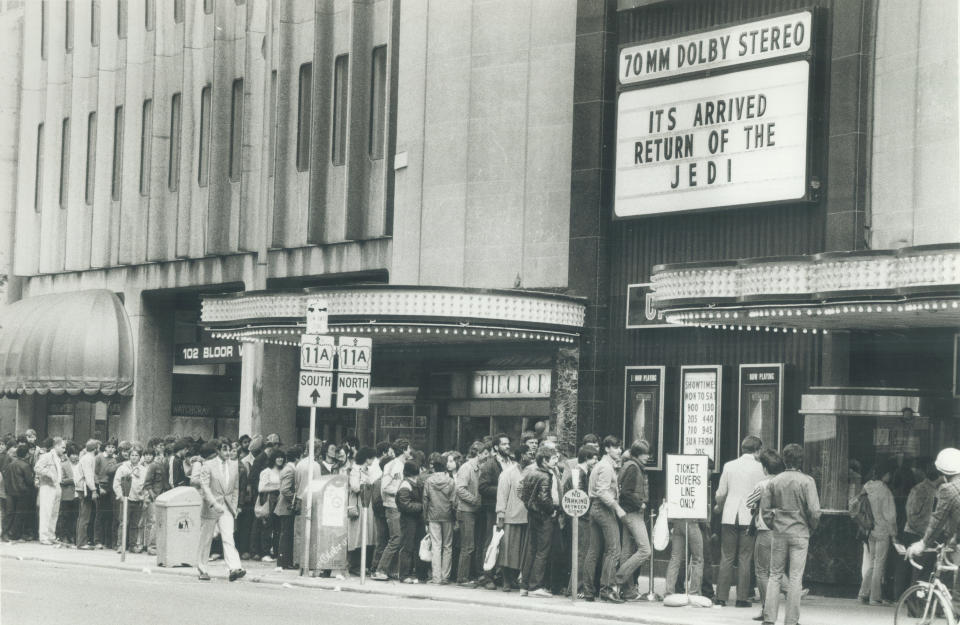 Hundreds of "Star Wars" fanatics were lined up along Bloor St. and down University Ave. in Toronto to buy tickets for the world premiere of "Return of The Jedi."&nbsp;