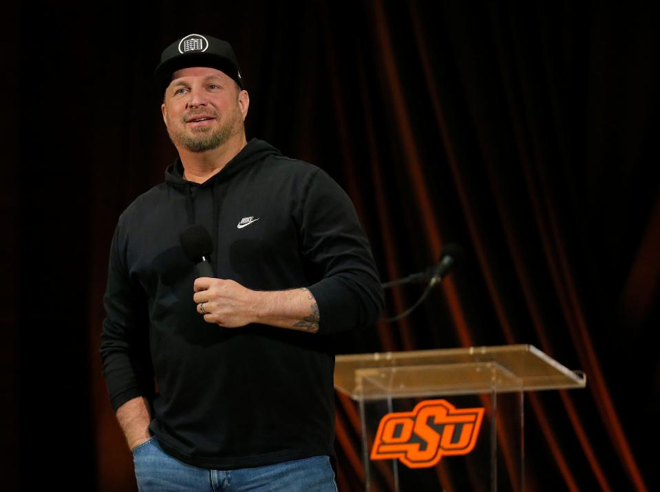 Garth Brooks speaks to the media before an April 14 concert at McKnight Center for the Performing Arts in Stillwater.