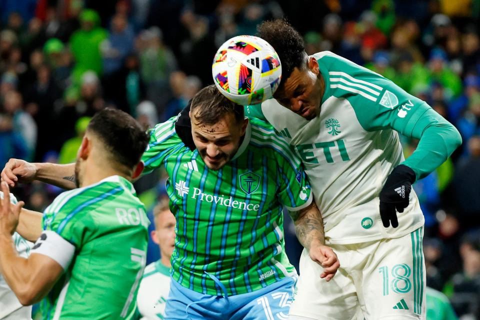 The Seattle Sounders' Jordan Morris battles for a header against Austin FC at Lumen Field on March 2, 2024.