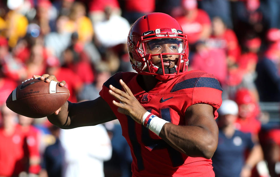 Arizona QB Khalil Tate struggled at times last season, but he has a chance to remind people of his athletic gifts. (Getty Images)