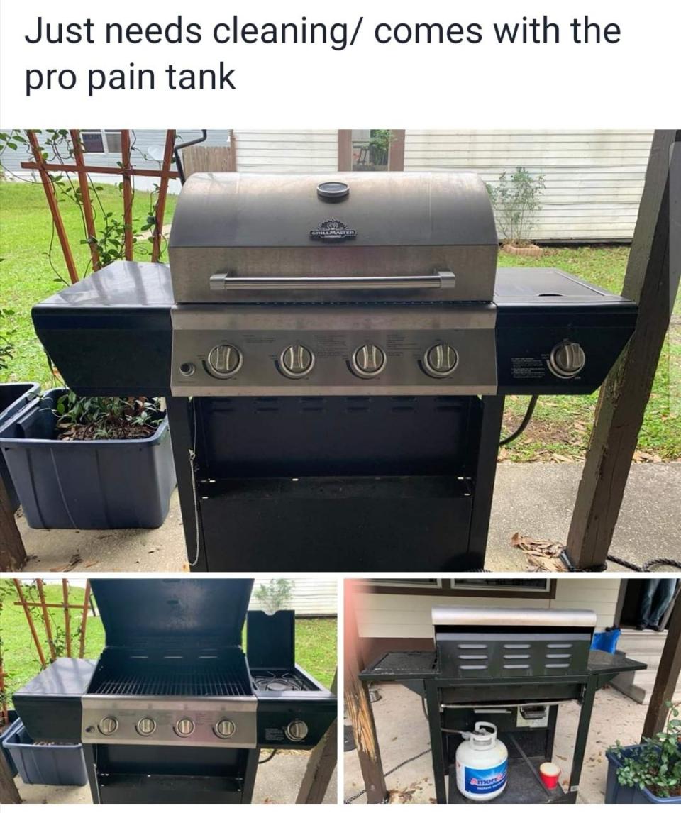 Stainless steel gas grill on a deck with cleaning products; caption mentions it needs cleaning and comes with a "pro pain tank"